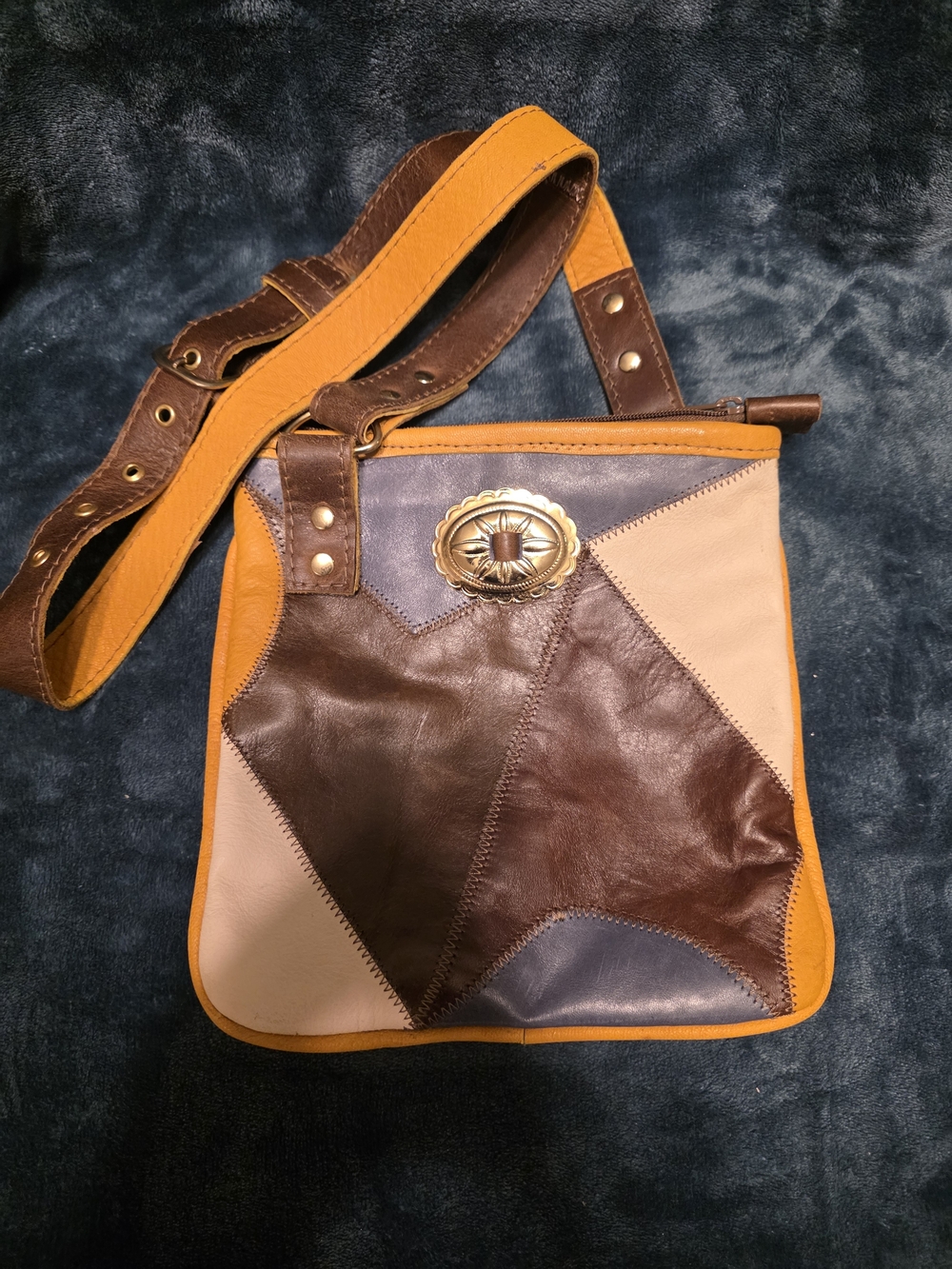 Source Unknown Patchwork Crossbody Bag in Brown, Tan & Orange